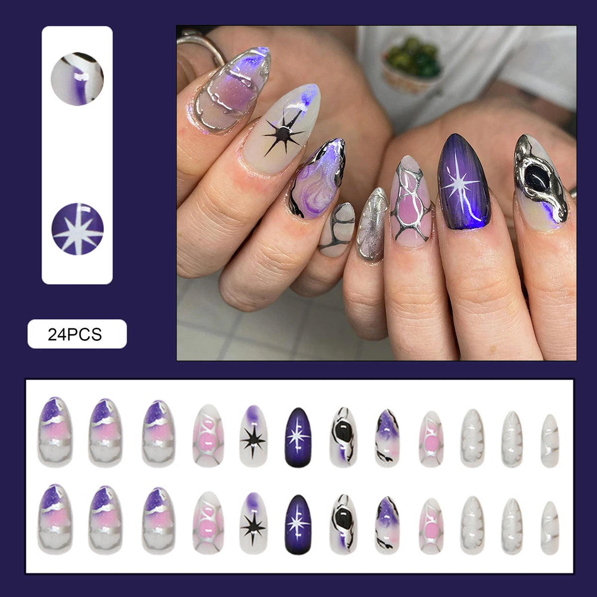 24-piece Y2K star press-on false nails with gradient blue French tips and gold moon designs in almond shape