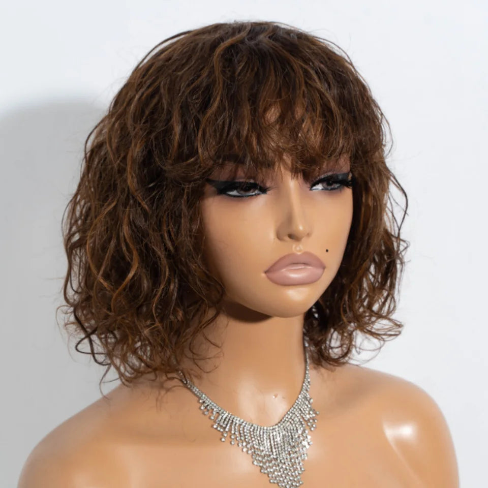 Brazilian Remy human hair wig with short curly water wave style, glueless bob wig, natural-looking, easy to wear, from HSF Marketplace.