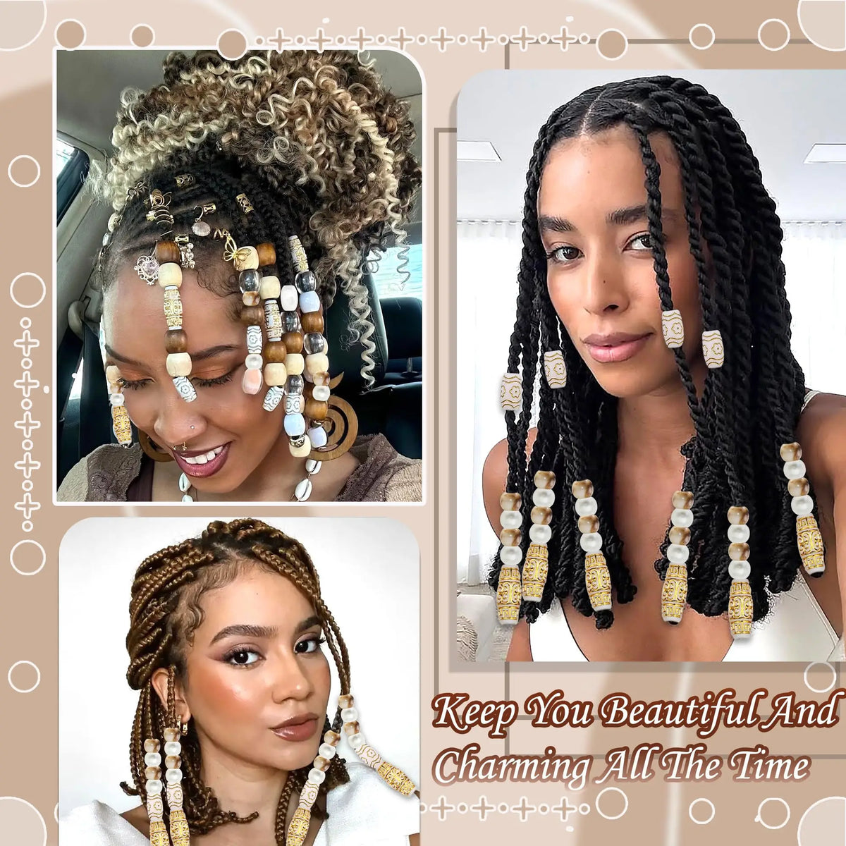 60-piece vintage barrel hair beads set for stylish hair cuffs by HSF Marketplace
