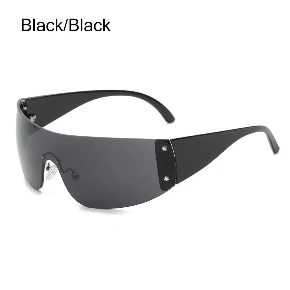 Y2K rimless punk sunglasses by HSF Marketplace, wrap-around sports shades for women and men, luxury brand eyewear.