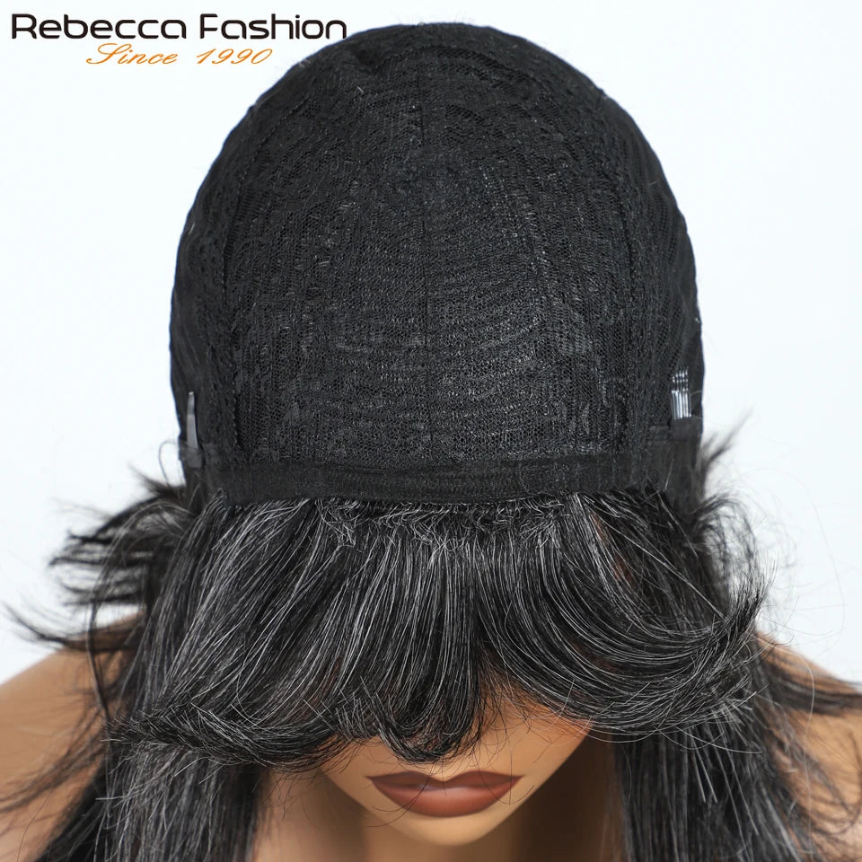 Rebecca Gray salt and pepper short straight human hair bob wig for women, 10-inch Brazilian Remy hair, full machine-made style.