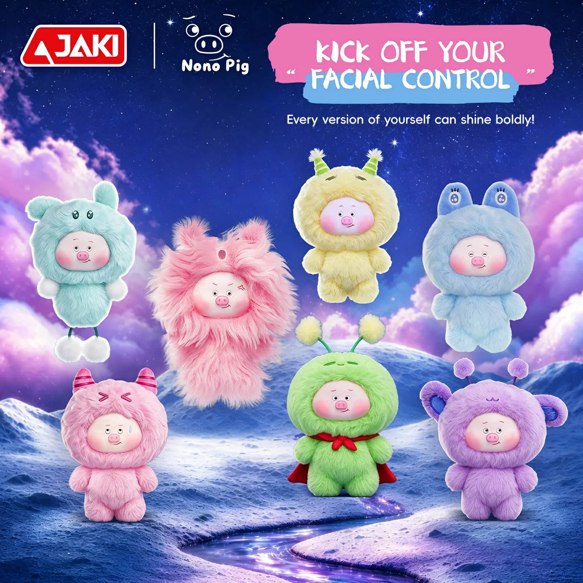 JAKI Nono Pig plush blind box keychain, kawaii stuffed animal piggy bag charm collectible figure