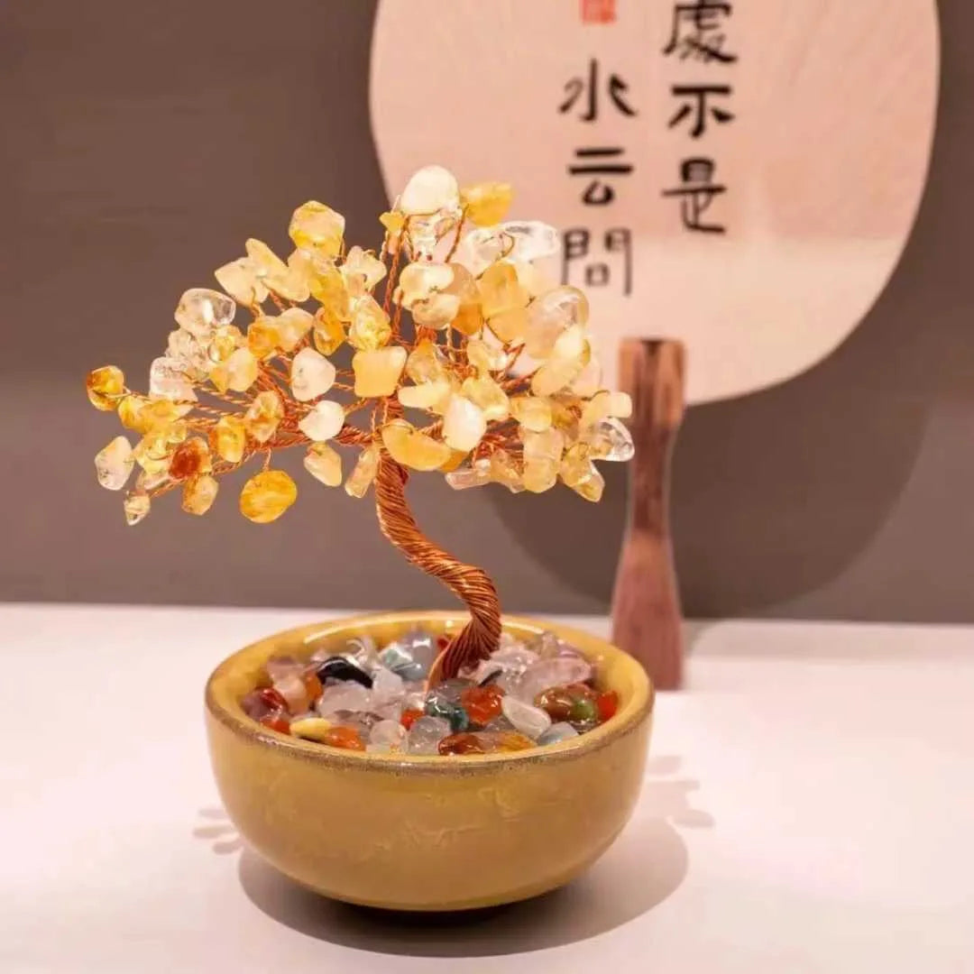 1pcs Natural Yellow Crystal Healing Gems Feng Shui Trees Lucky Money Tree Copper Wire Wrapped Crystal Crafts Home Decor