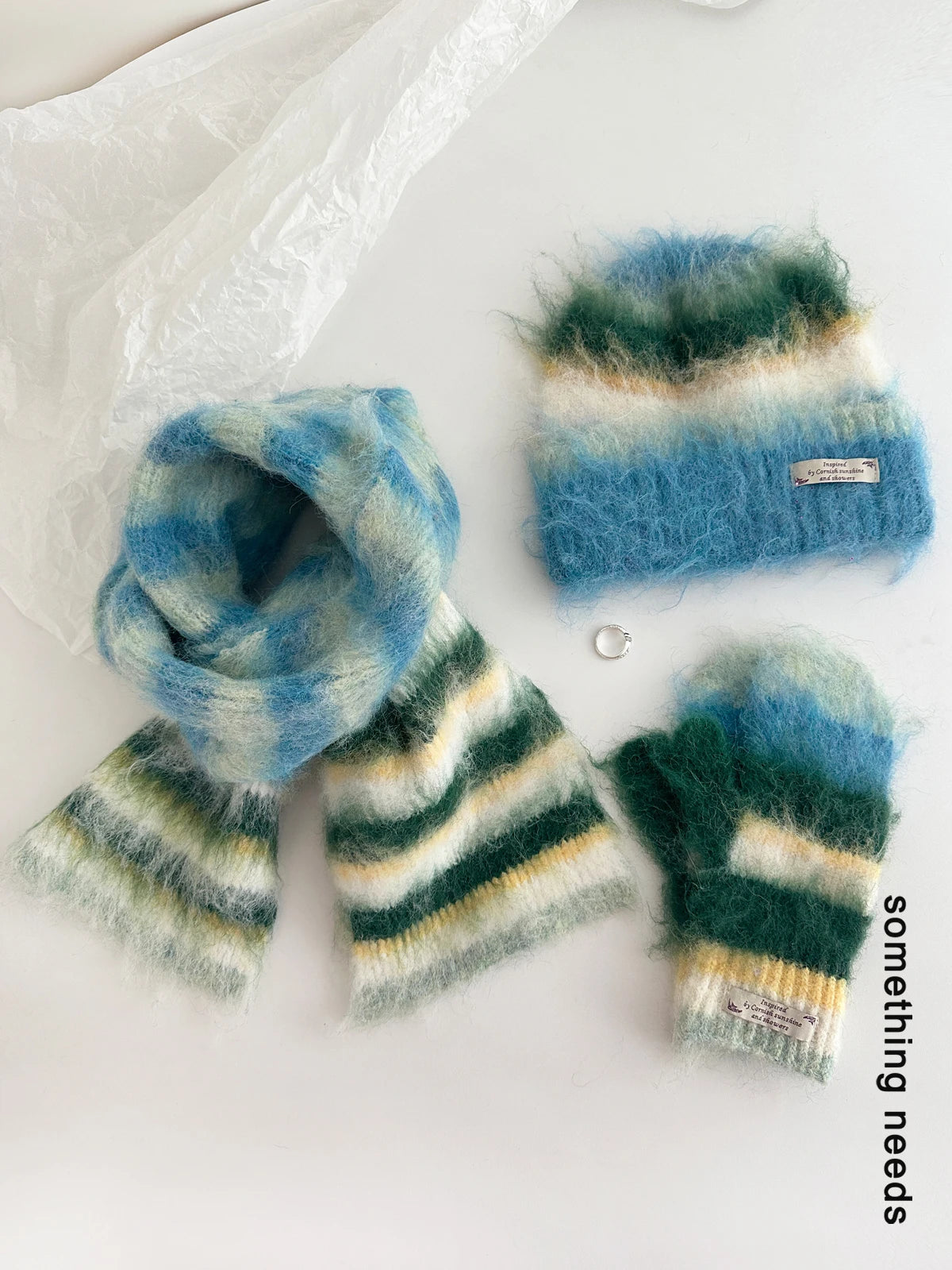 Y2K striped winter hat, scarf, and gloves set for women by HSF Marketplace