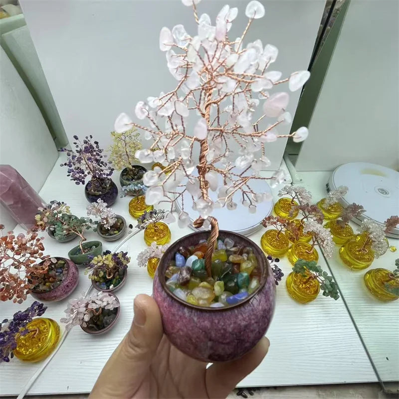 1set Crystal Crushed Stone Amethyst Handmade Crystal Crafts Tree of Life Indoor Decorative Stones for Home Decor Desktop Ornamen