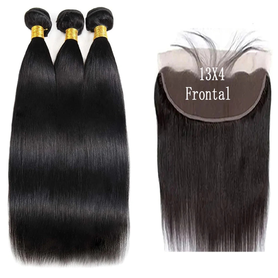 Straight Brazilian Human Hair 3 Bundles with 13x4 Frontal 100%  Virgin Hair Natural Hairline Straight Bundles with 4x4 Closure