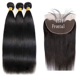 Straight Bundles With Frontal Closure Human Hair Double Weft Quick Weave 3 Bundles with 13x4 Frontal 4x4 Closure Pre Plucked #1B