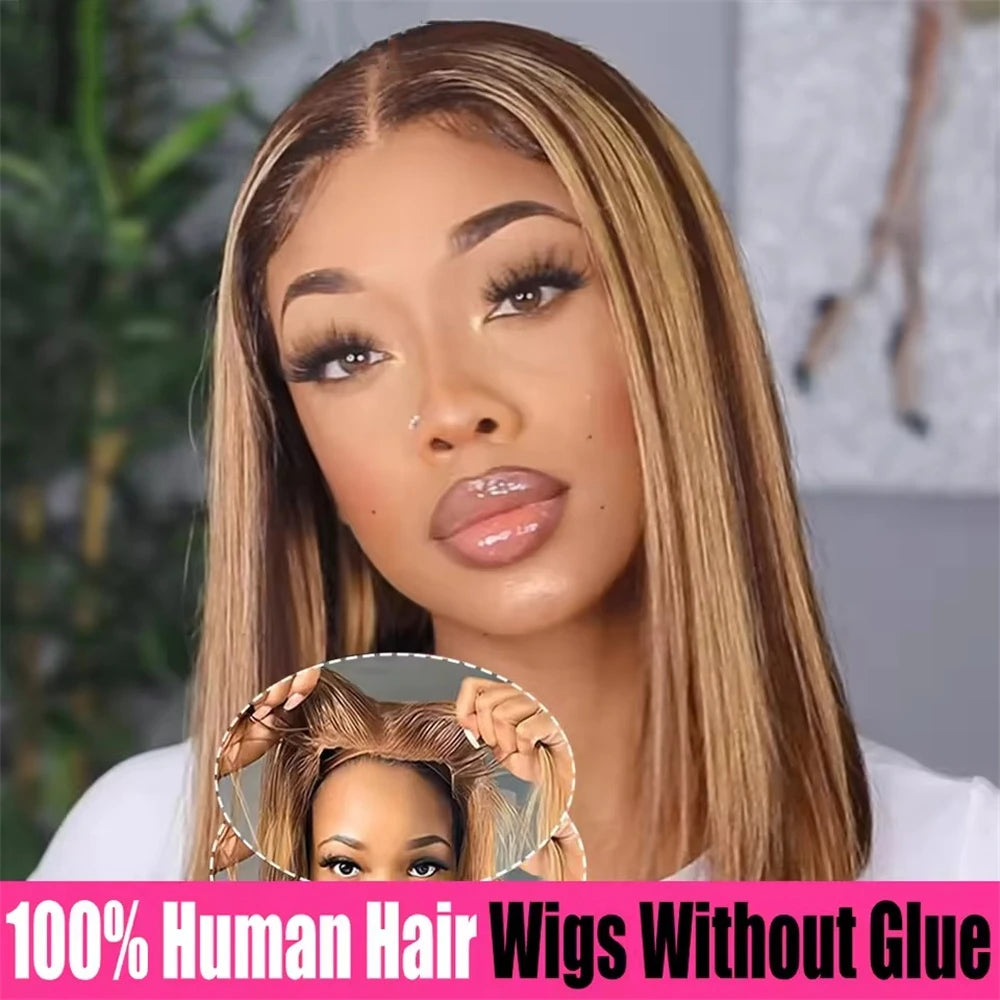 Honey blonde Brazilian human hair wig with a straight highlight bob style, lace frontal, 6x4 inch lace, ready-to-wear, glueless.