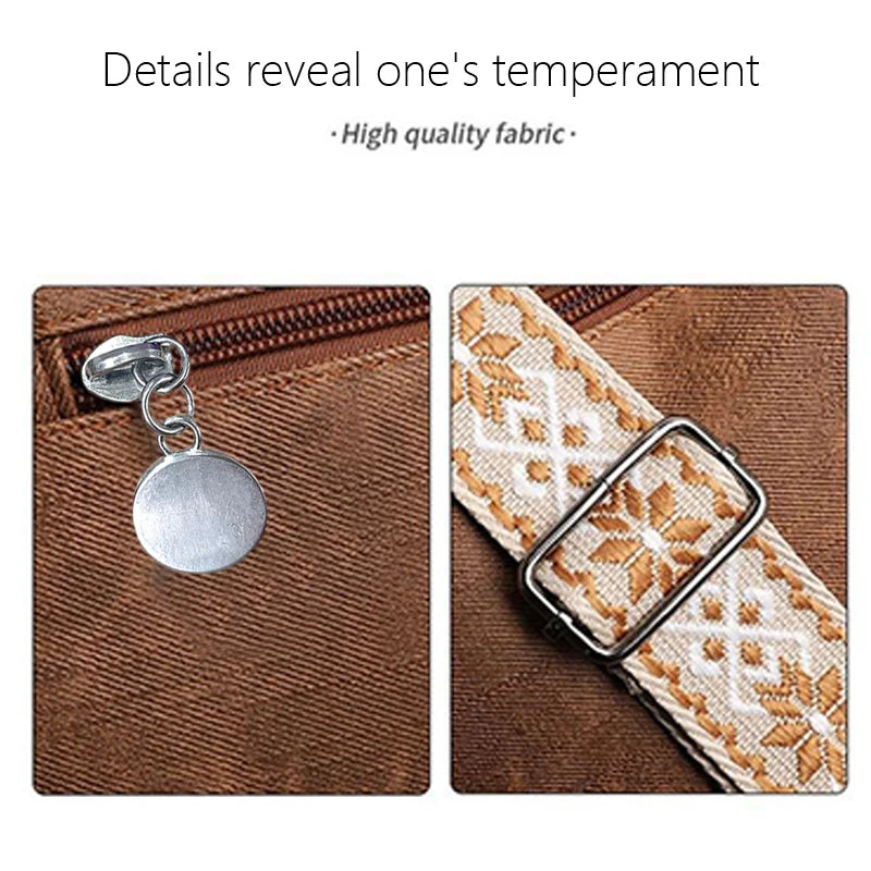 Vintage soft leather women's shoulder purse with multi-pocket design and ethnic patterned strap, ideal for everyday use.