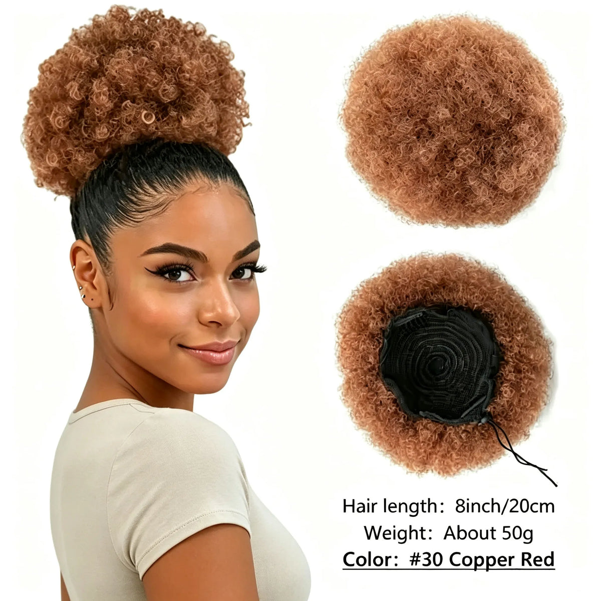 Color #30 short curly drawstring ponytail extension with bangs and wrap-updo hair bun for women