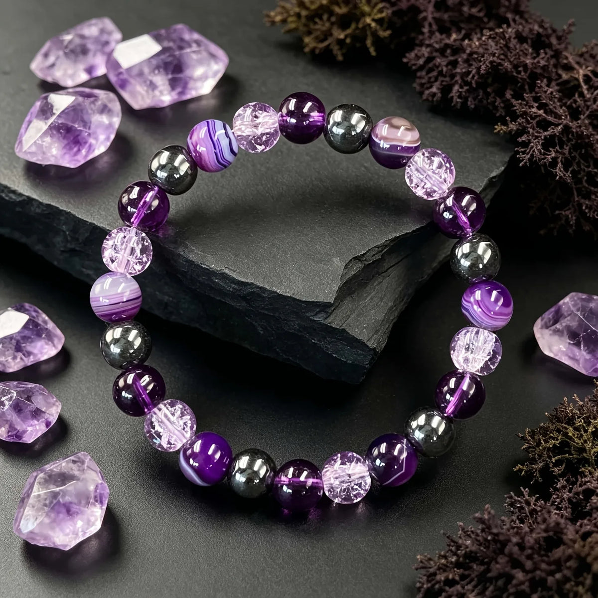 1pc Natural Amethyst Agate Bracelet, Handmade Elastic Crystal Charm Bracelet, Unisex Lucky Jewelry for Daily Wear, Gift