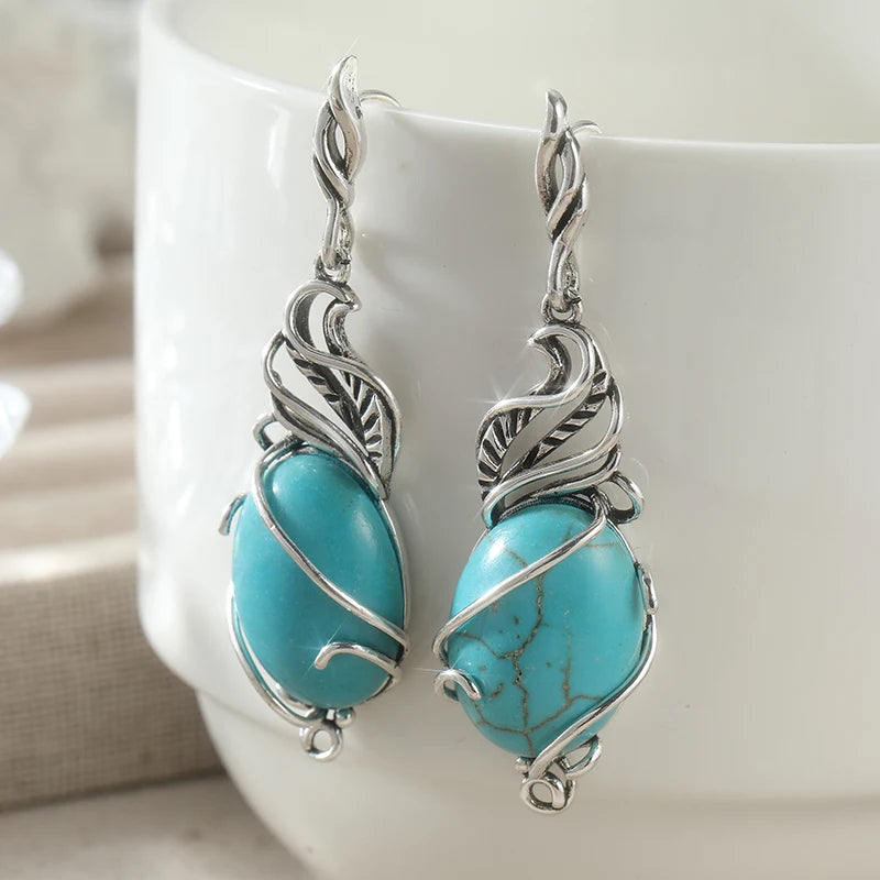 Bohemian turquoise drop earrings for women in vintage silver style, HSF Marketplace jewelry