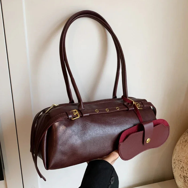 Large capacity fashion PU shoulder bag with buckle decoration, solid color, all-match design, suitable for women.