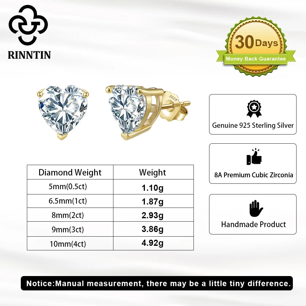 Rinntin love heart cut 5A cubic zirconia stud earrings in genuine 925 sterling silver, LZE55
