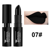 Set of 12 waterproof long-lasting lipsticks in various shades including red, purple, blue, green, and black matte lip gloss.