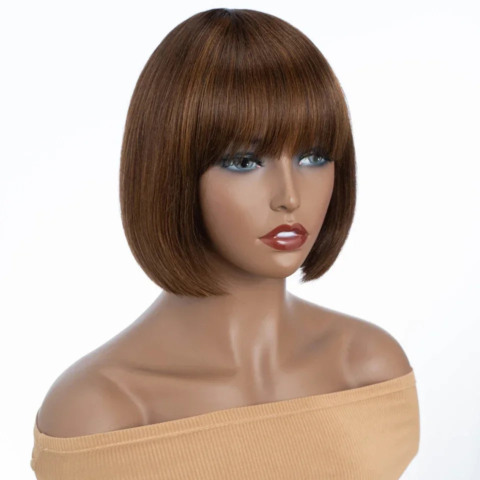 Orange blonde short straight bob wig with bangs, human hair, Brazilian style, machine-made, styled by Rebecca for HSF Marketplace