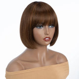 Orange blonde short straight bob wig with bangs, human hair, Brazilian style, machine-made, styled by Rebecca for HSF Marketplace