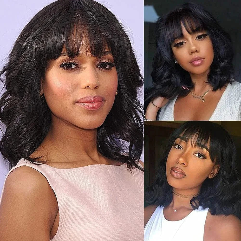 Natural wavy human hair wig with bangs, loose curls, and Brazilian Remy hair, featuring a none lace front design for women.