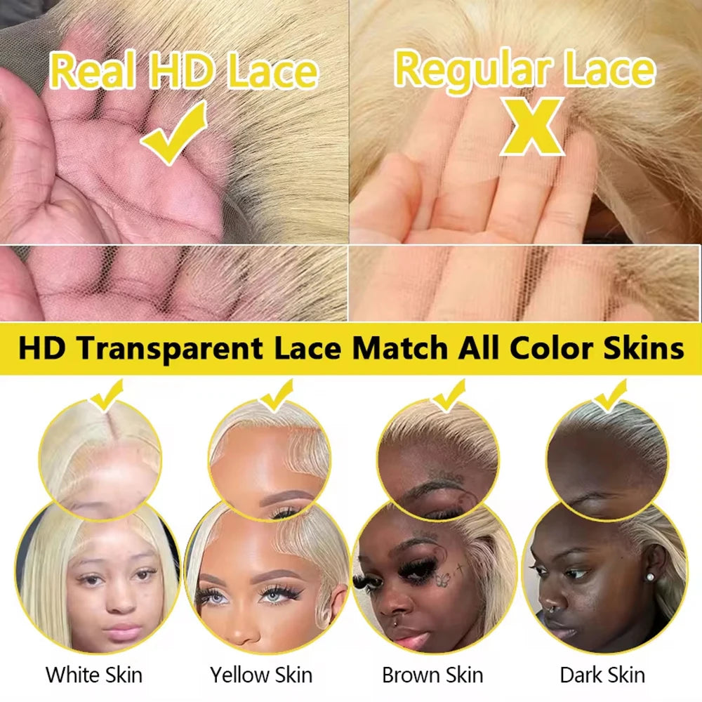 Brazilian honey blonde 613 body wave human hair lace front wig with 13x4 HD transparent lace and 200% density