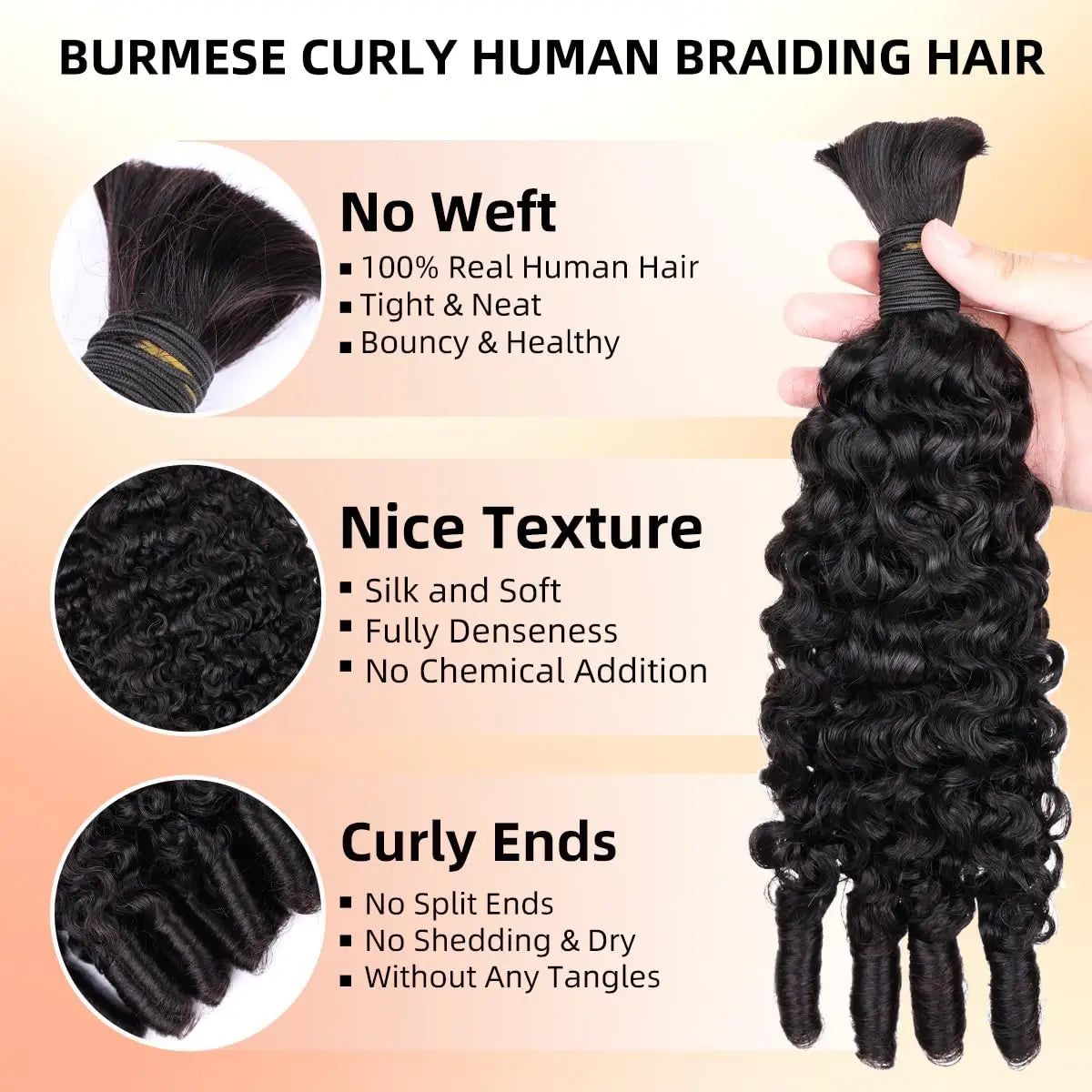15A Human Braiding Hair for Boho Braids Burmese Curly Spiral Ends Bulk 100% Unprocessed Virgin Hair 3/4 Bundle 24 26 28 30 Inch
