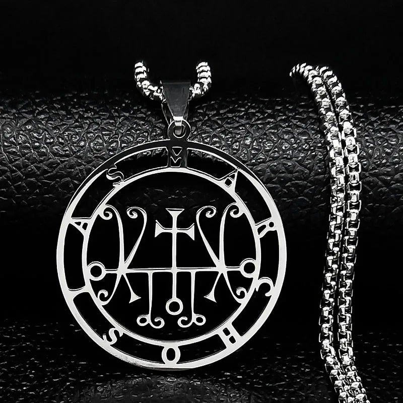 Stainless steel Satan necklace featuring Baphomet stamp and Sigil De Lucifer design, with chain and laser-etched details.