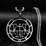 Stainless steel Satan necklace featuring Baphomet stamp and Sigil De Lucifer design, with chain and laser-etched details.