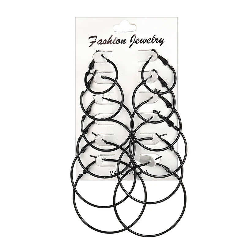 Set of 12 pairs of simple punk hoop earrings with large round design, oversized jewelry for women and girls, by HSF Marketplace.