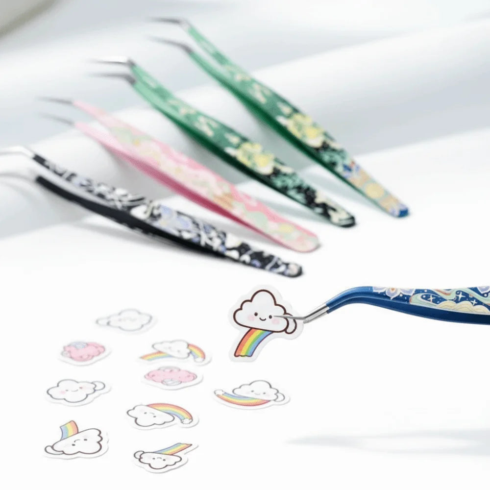 High precision stainless steel eyelash extension tweezers by Sticker Therapy, angled tips shown