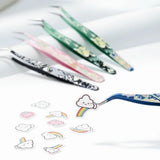High precision stainless steel eyelash extension tweezers by Sticker Therapy, angled tips shown