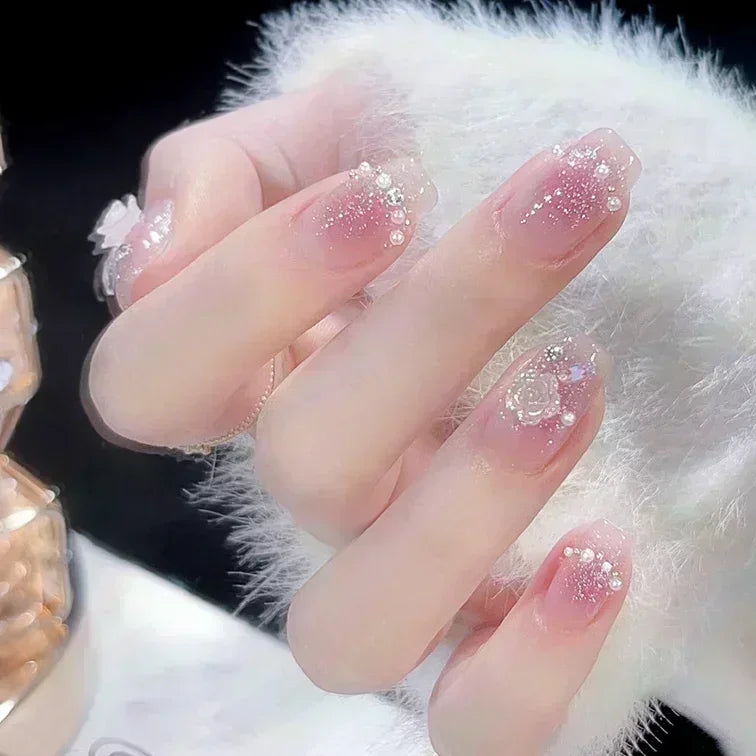24-piece blush pink glitter diamond cat eye coffin press-on false nails by HSF Marketplace