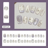 HSF Marketplace Y2K star press-on false nails with gradient blue French tips and gold moon designs, almond shape