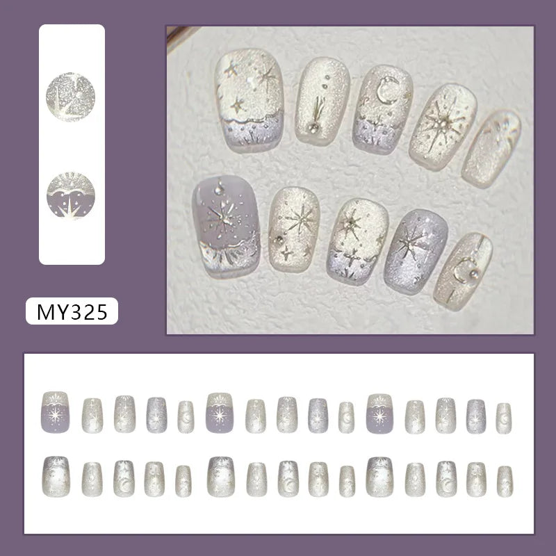 HSF Marketplace Y2K star press-on false nails with gradient blue French tips and gold moon designs, almond shape