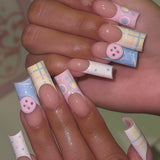 24pcs Sweet Punk pink and black French polka dot striped long coffin press-on false nail tips