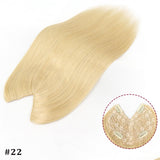 V-shape clip-in Brazilian Remy human hair extensions with brown blonde highlights, straight 16-inch hair topper