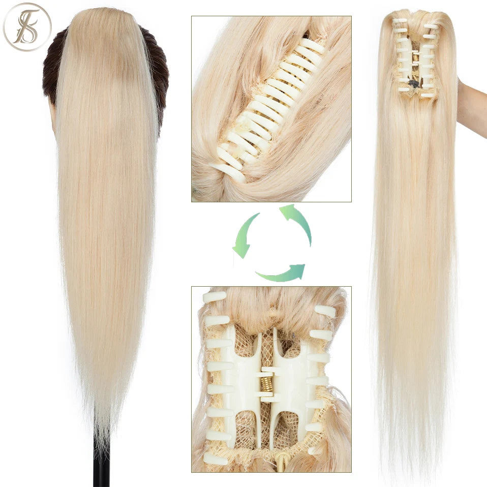 TESS Brazilian human hair claw clip-in ponytail extension, 14–22 inches, natural black and blonde