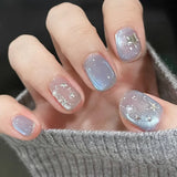 24pcs HSF Marketplace short square false nails with white French tips, glitter stars, rhinestones, bows, and cat eye accents
