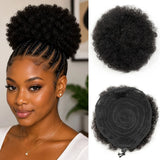 Afro puff drawstring ponytail, short curly human hair bun hairpiece in black, 4–8 inch length