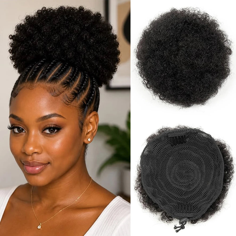 Afro puff drawstring ponytail, short curly human hair bun hairpiece in black, 4–8 inch length