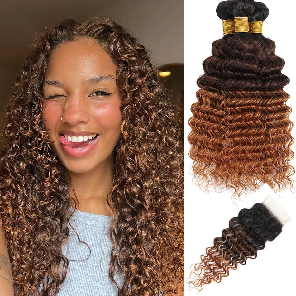 100% Human Hair Bundles With Closure Deep Wave Bundles With 4x4 HD Lace Closure Ombre Wet and Wavy Deep Curly Hair With Closure