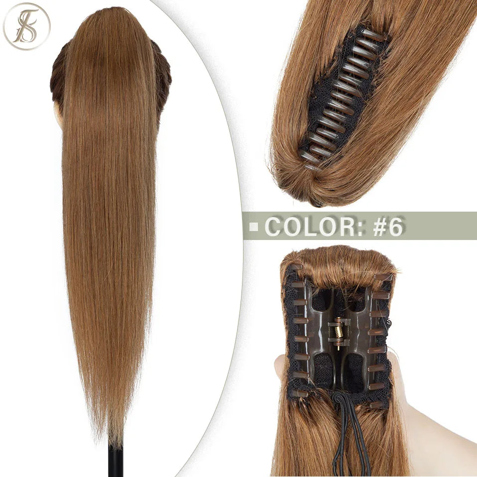 TESS Brazilian human hair claw clip-in ponytail extension, 14–22 inches, natural black to blonde