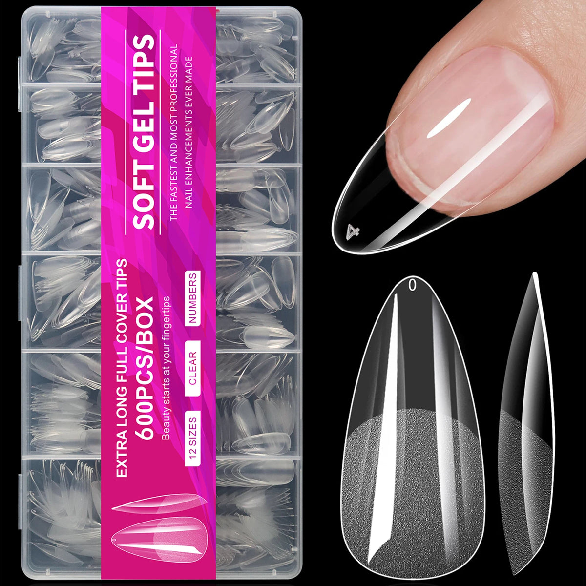 Short almond soft gel nail tips, full cover false nails for acrylic or press-on use, 100/320/600 pieces