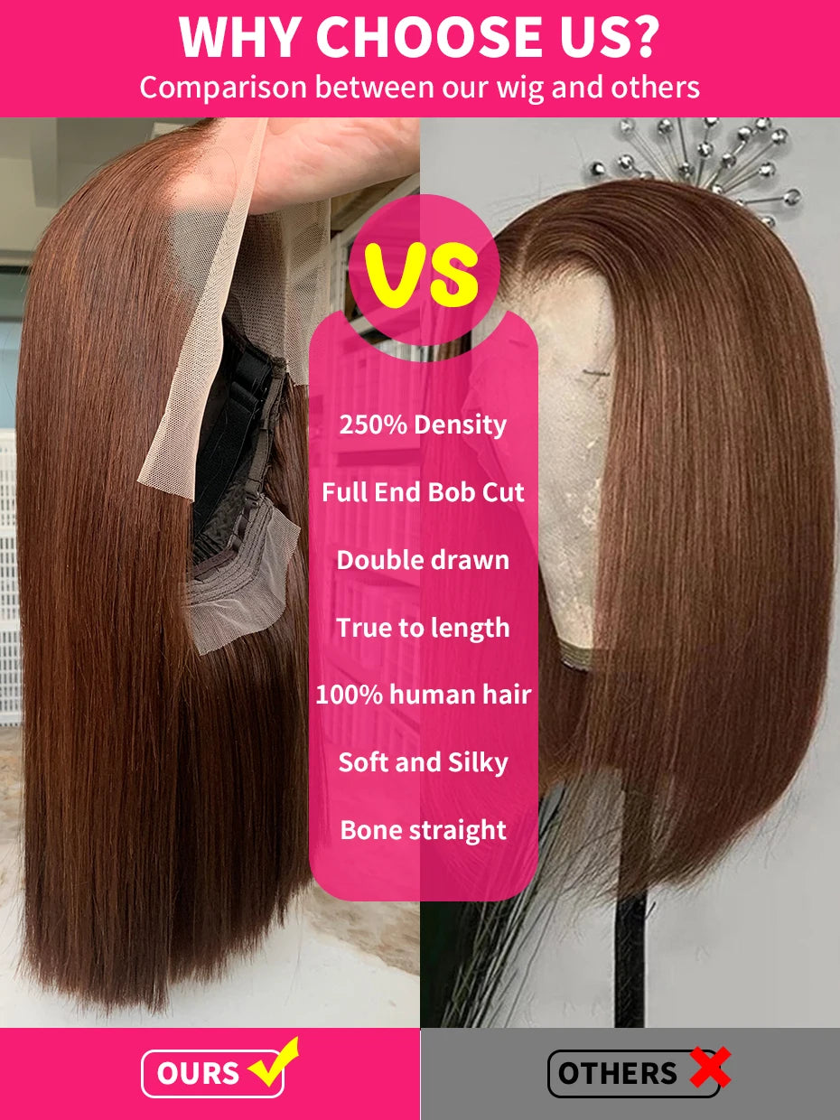 Brown chocolate #2 250 density raw Vietnamese human hair 13x4 lace frontal bob wig with double-drawn hair