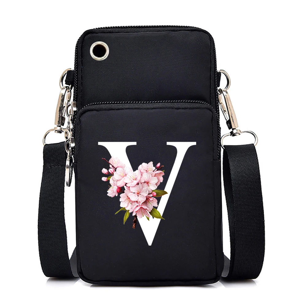 Flower-themed Sakura alphabet graphics small crossbody bag for women, featuring floral letters and a mobile phone pocket.