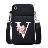 Flower-themed Sakura alphabet graphics small crossbody bag for women, featuring floral letters and a mobile phone pocket.