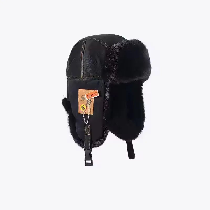 Black and grey thick warm Russian ushanka bomber hat with fur earflaps for women and men