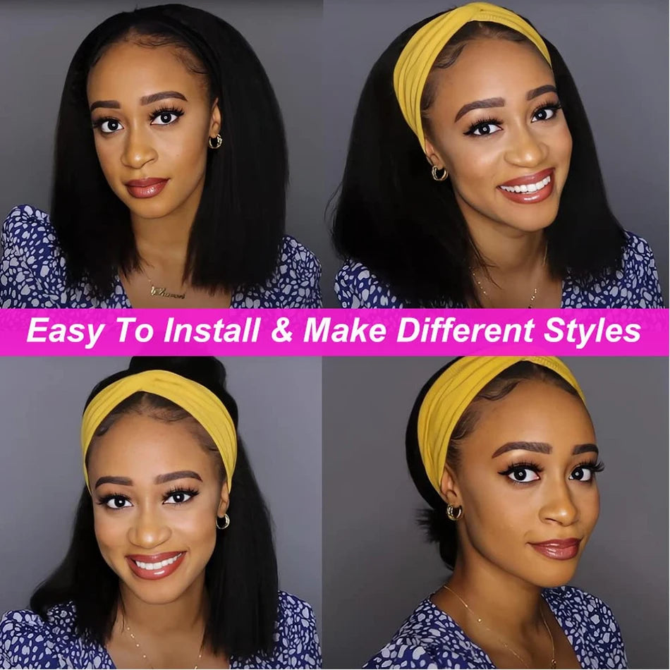 Short bob 250 density kinky straight headband human hair wig, machine-made yaki straight style for women