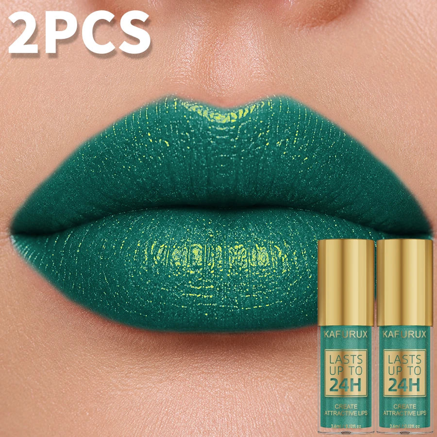Two metallic glitter lip glosses in pink and gold, shiny and waterproof, liquid lipstick for Korean makeup looks.