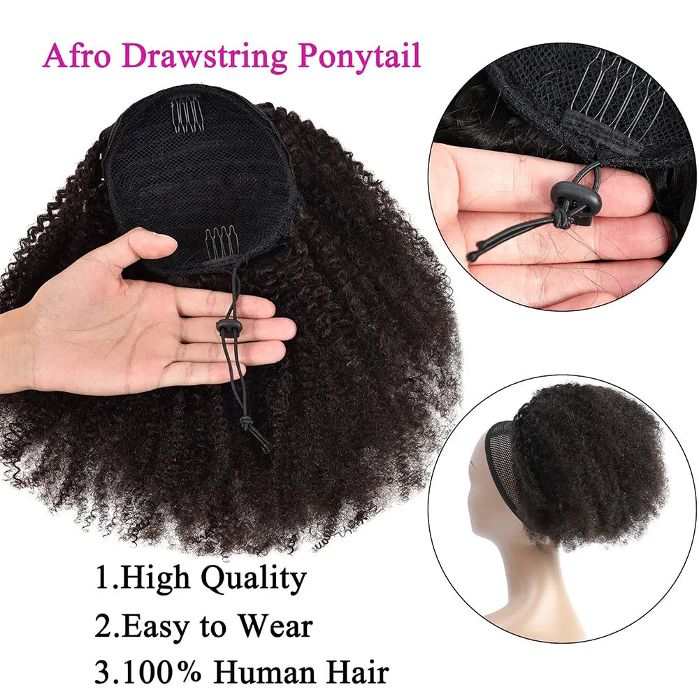 Mongolian afro kinky curly ponytail extension for natural style, shown with dense textured curls
