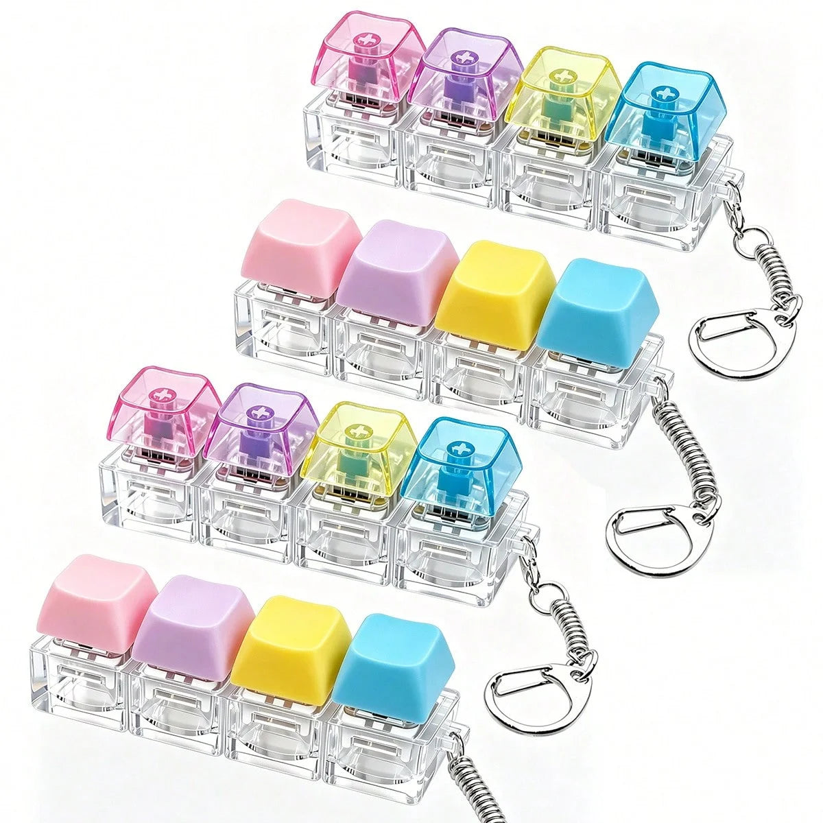 Colorful HSF Marketplace keyboard keychain fidget toy with crystal clicker for stress relief, perfect for adults and kids.