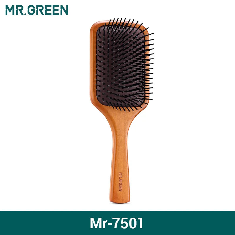 MR.GREEN Hair Brush Natural Maple Wide Board Massage Scalp Air Cushion Fine Tooth Comb For Curly Long Hair Women Men